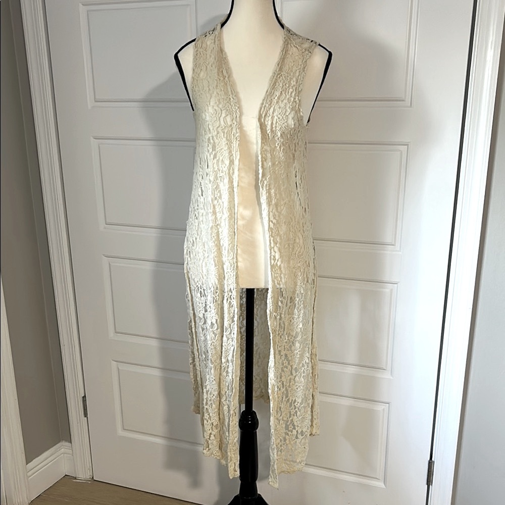 LuLaRoe Joy Cream Lace Long Cardigan Vest Sz S Stretchy